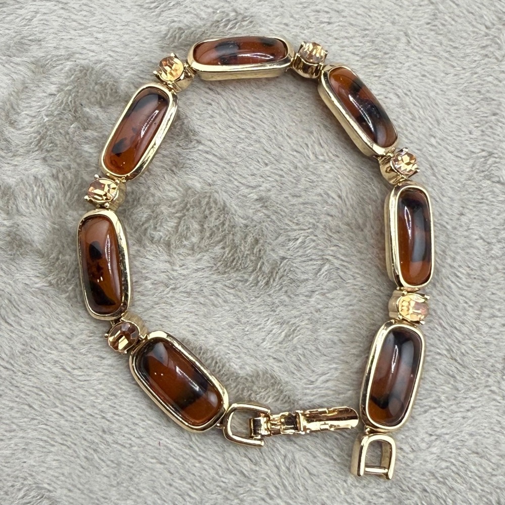 Vintage Monet Bracelet Gold Tone Brown Rootbeer Rhinestone 7" - Picture 2 of 9